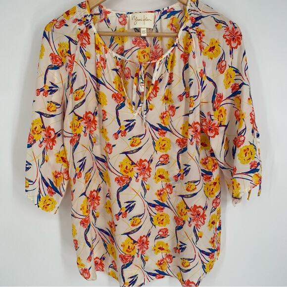 YUMI KIM Blouse 100% Silk Floral Flowy Romantic Feminine Oversized Yellow Red XS - Picture 1 of 7